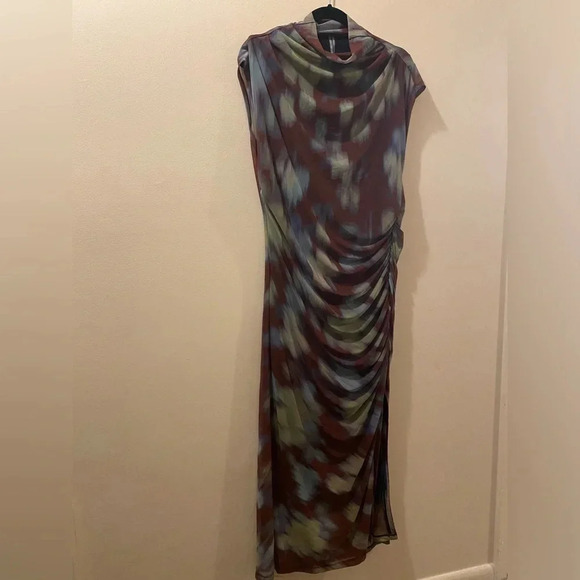 Anthropologie Dresses & Skirts - Anthropologie maxi dress - 1X - abstract print- high neck - rouging -cap sleeve